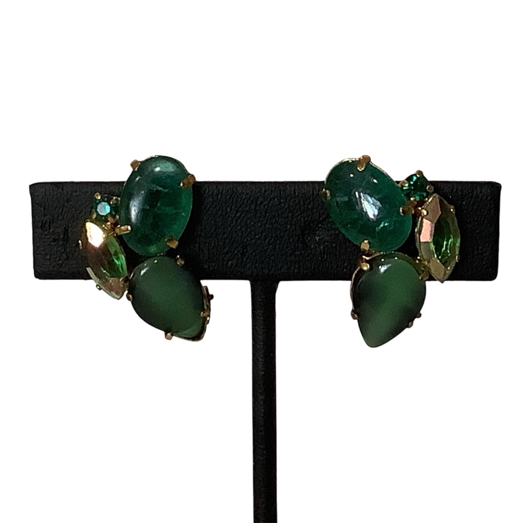 Vintage Signed West Germany Earrings Shades Of Green Rhinestones Clip On 23$